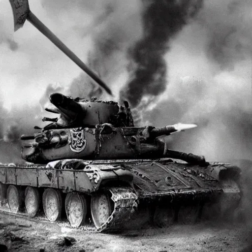 Image similar to black and white photo Dragons in Battle of Kursk WWII, dragons flying, tanks