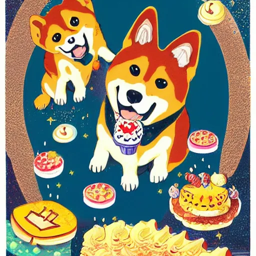Image similar to expensive birthday card with happy shiba inu dogs eating birthday cake, Nintendo game art, Hayao Miyazaki, intricate detail, illustration, beautiful lighting,