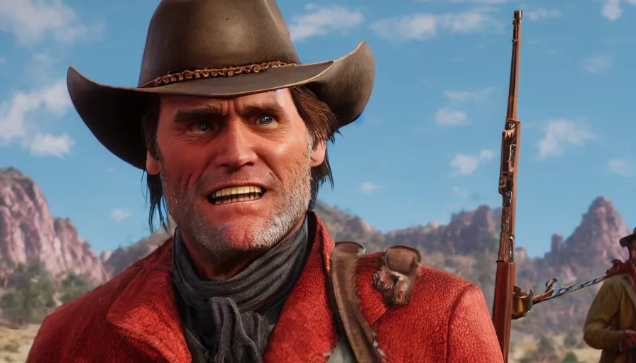 Prompt: Jim Carrey is Arthur Morgan in Red Dead Redemption 2, hyperdetailed, artstation, cgsociety, 8k