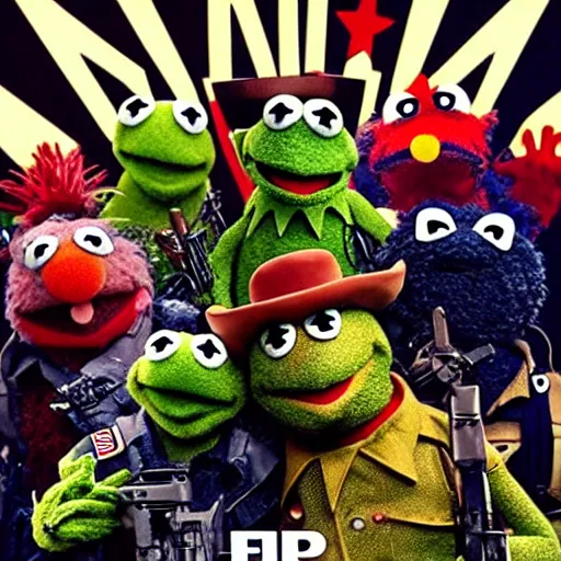 Prompt: muppet puppet special forces. epic action military vfx movie poster.