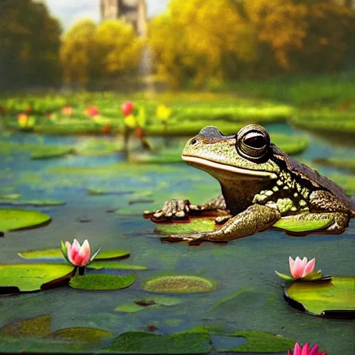 Prompt: sticker!!! with close - up of a smiling frog in the pond with water lilies, medieval castle on background, shallow depth of field, highly detailed, ominous, digital art, masterpiece, matte painting, sharp focus, matte painting, by isaac levitan, monet, asher brown durand,