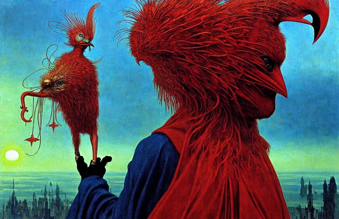 Image similar to realistic detailed portrait movie shot of a birdman wearing a dark robes, sci fi city landscape background by denis villeneuve, amano, yves tanguy, alphonse mucha, ernst haeckel, max ernst, roger dean, masterpiece, rich moody colours, dog teeth, blue eyes, sunset