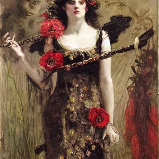 Image similar to persephone as goddess of death, flower dress, by alfred stevens