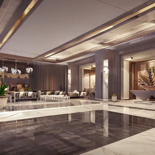 Image similar to realistic luxury hotel lobby interior in miami with pools in the background, 4 k, v - ray, detailed