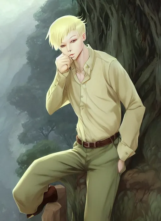 Prompt: beautiful portrait commission of a male furry anthro!!! albino mountain lion wearing a pale-yellow dress shirt, olive green slacks, and suspenders. Atmospheric. Character design by charlie bowater, ross tran, artgerm, and makoto shinkai, detailed, inked, western comic book art