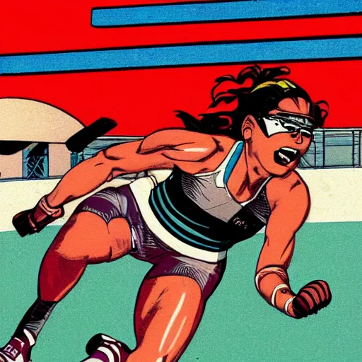 Image similar to Female athlete sprinter in a race with cyborg legs while the audience cheers, vintage footage, 1980's, cinematic stillframe, diesel punk, art deco stadium, artstation, otomo manga, akira