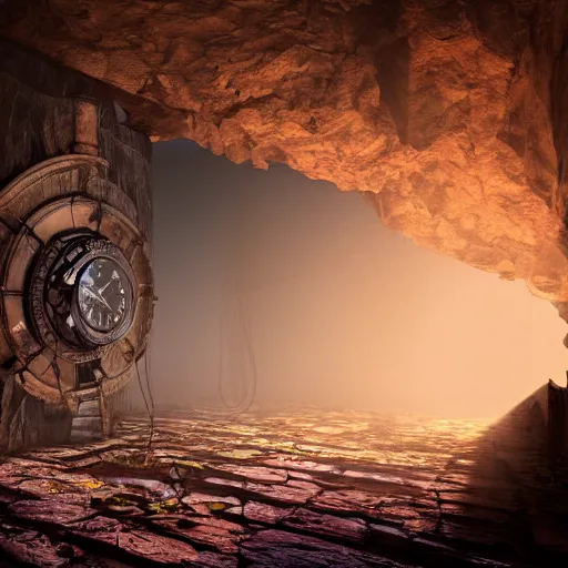 Image similar to an abandoned old rusty clocktower in a dark enormous cave dream photography, painting, perfectly balanced light, digital art, unreal engine, trending on artstation,