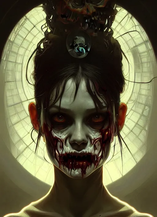 Image similar to symmetry!! portrait of a zombie, horror, moody lights!! intricate, scary, highly detailed, digital painting, artstation, concept art, smooth, sharp focus, illustration, art by artgerm and greg rutkowski and alphonse mucha