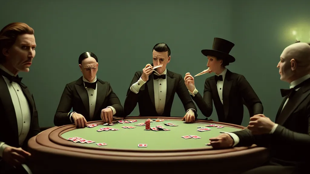 Image similar to hyperrealism simulation highly detailed human turtles'wearing detailed tuxedos and smoking, playing poker in surreal scene from renaissance movie from future by wes anderson and denis villeneuve and mike winkelmann rendered in blender and octane render