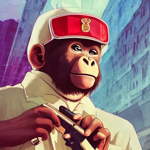 Image similar to [Monkey as president of Banana as GTA character, propaganda!, closeup, D&D, intricate, elegant, highly detailed, digital painting, artstation, concept art, matte, sharp focus, illustration, art by Artgerm and Greg Rutkowski and Alphonse Mucha and Enki Bilal]