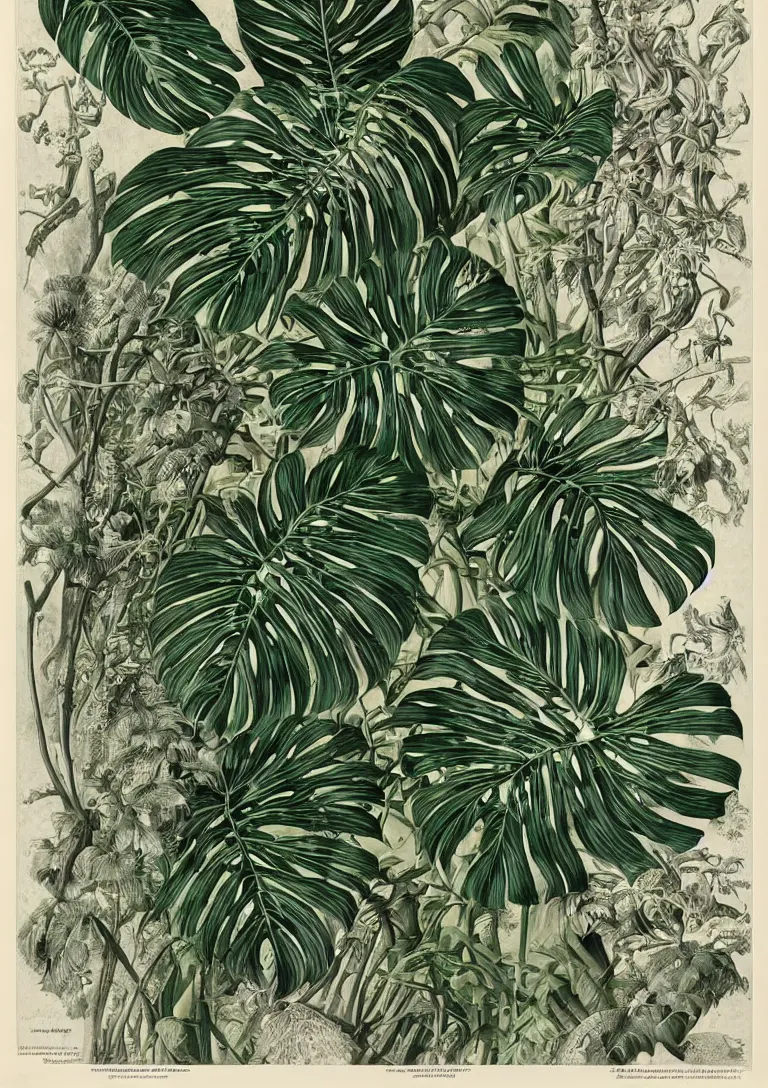 Image similar to elaborate colourful natural monstera deliciosa and zebrina alocasia illustrations by ernst haeckel of the biological world