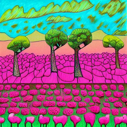 Image similar to chaotic by larry carlson color field paintingcubist, fuchsia. a beautiful drawing depicting a farm scene. the drawing shows a view of an orchard with trees in bloom.