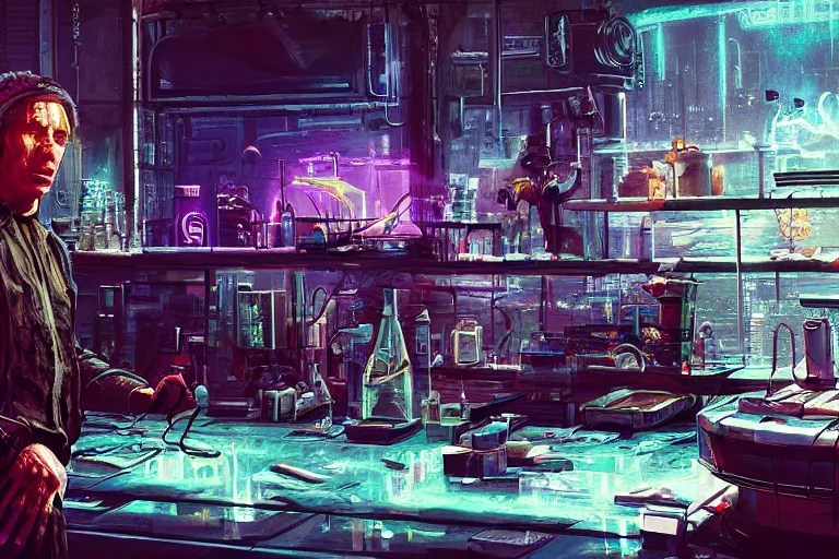 Image similar to cinematic cyberpunk mage in his lab by Michael Bay