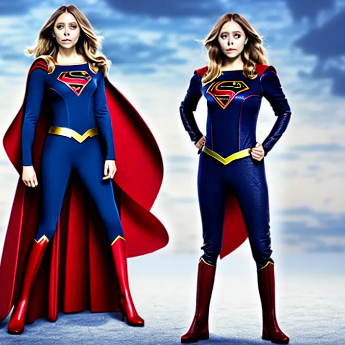 Image similar to professional full length photograph of elizabeth olsen as supergirl. Extremely detailed. 8k