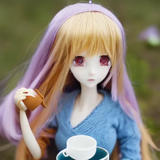 Image similar to delightfully beautiful anime style doll drinking tea