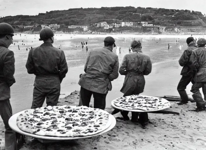 Image similar to vintage photo of a pizza party on omaha beach in normandy with explosions and battle in the background