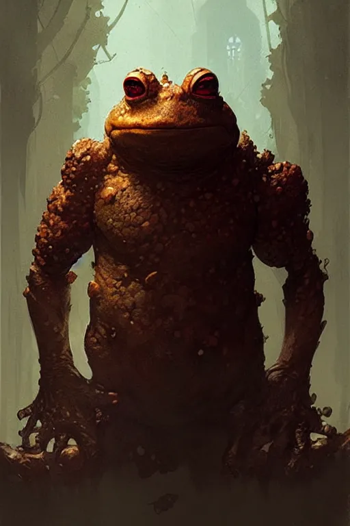 Image similar to greg rutkowski poster. toad golem