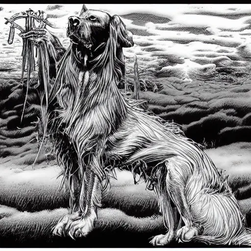 Prompt: the dogs of doom are howling, Michael Whelan, comic art, pen and ink, black and white