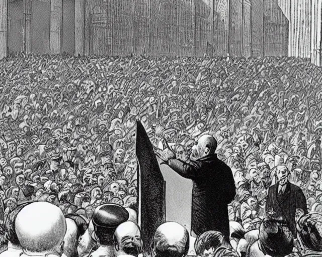 Image similar to lenin addressing a crowd, soviet propaganda posterm