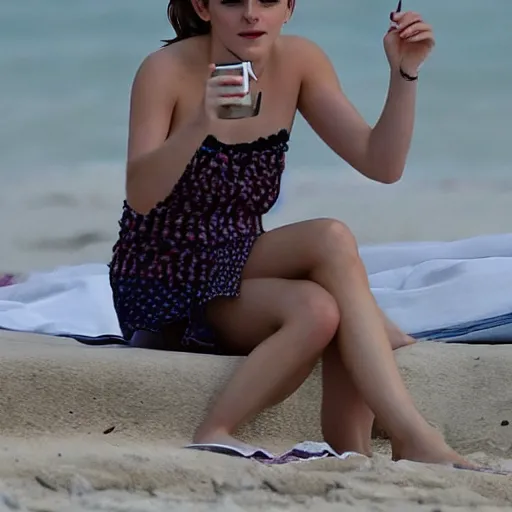 Prompt: emma watson relaxing on the beach, magic is in the air, photography