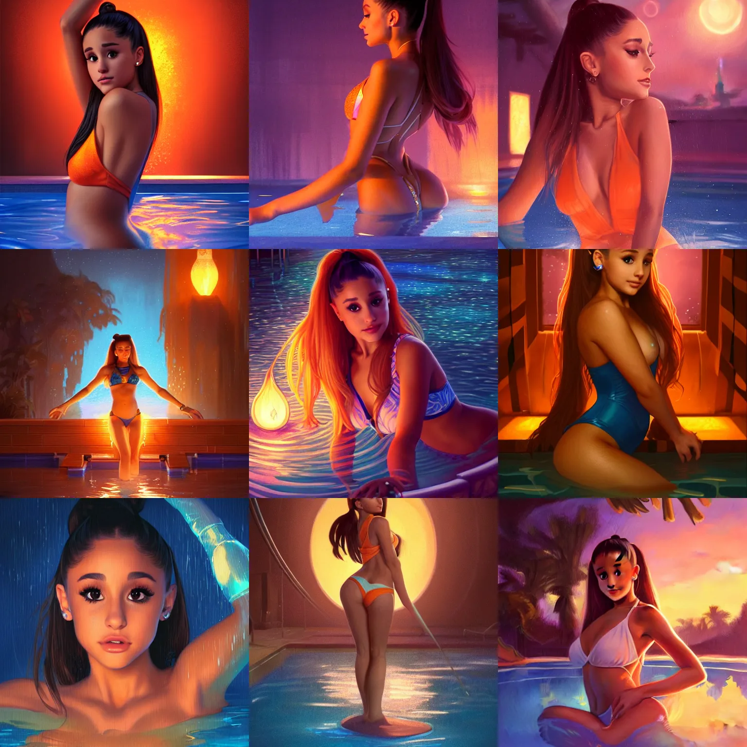 ariana grande in a pool at night, orange artificial