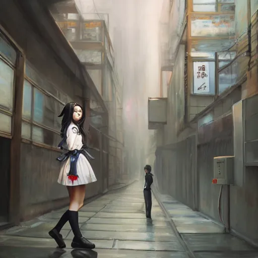 Image similar to a perfect, surrealistic professional oil painting of a Japanese schoolgirl posing in a dystopian alleyway, style of Marvel, full length, by a professional American senior artist on ArtStation, a high-quality hollywood-style concept