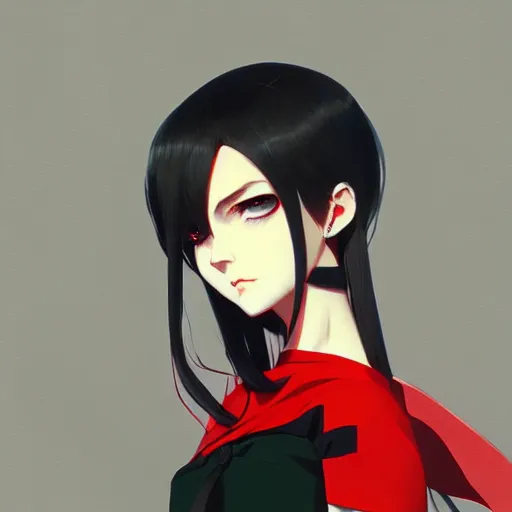 Prompt: elegent girl with gray hair and green eyes, wearing a red and black color dress, in the style of and ilya kuvshinov and greg rutkowski, high quality anime artstyle, intricate