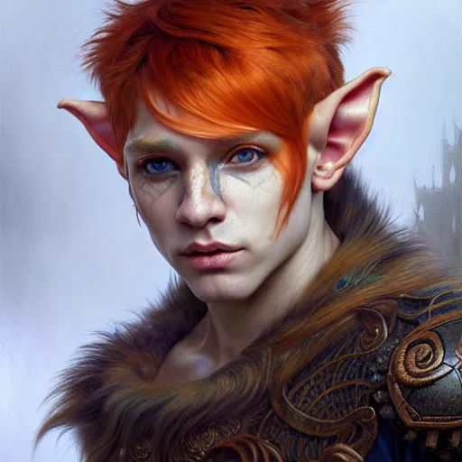 Prompt: portrait painting of very young elf with short light orange hair and tribal tattoos on his face wearing fur armor, ultra realistic, concept art, intricate details, eerie, highly detailed, photorealistic, octane render, 8 k, unreal engine. art by artgerm and greg rutkowski and charlie bowater and magali villeneuve and alphonse mucha