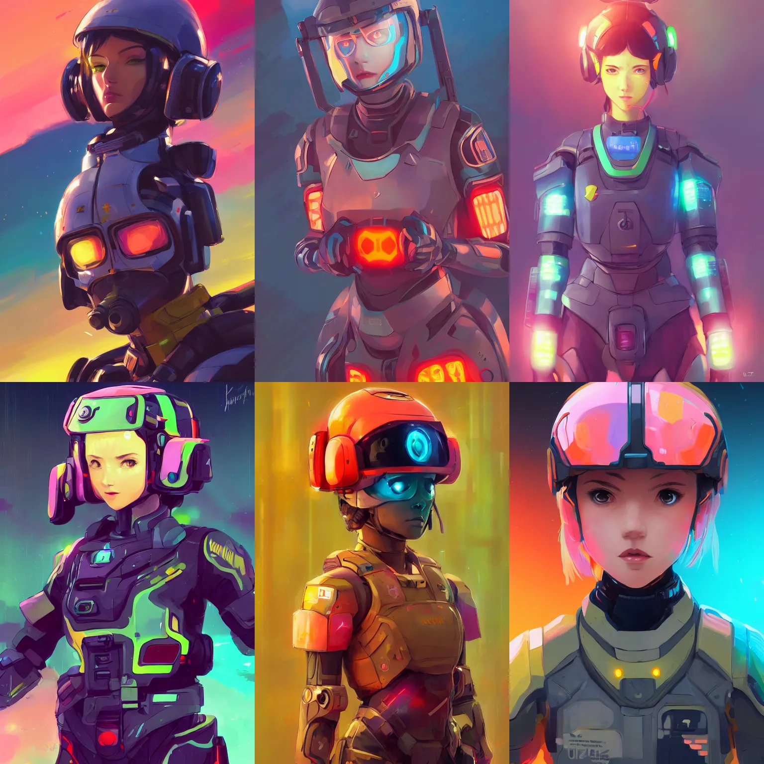 Prompt: a portrait of a cute female futuristic soldier wearing brightly colored power armor, combat setting, vivid colors, soft lighting, atmospheric, cinematic, moody, in the style of ilya kuvshinov and range murata, krenz cushart, rule of thirds, oil on canvas, 8 k