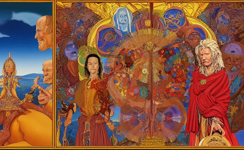 Prompt: an astonishing and hilarious jean giraud work of art of sasha and anne shulgin in the style of a renaissance masters portrait, mystical and new age symbolism and tibetan book of the dead imagery, intricately detailed, chemisty theme, 4 k