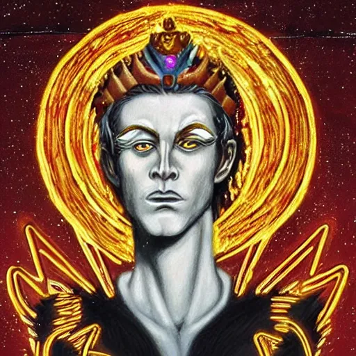 Image similar to Oil canvas of Lucifer, ruler of Inferno, capital sin of Pride, Superbia, natural blonde gold like hair, intricate sophisticated well rounded face, good bone structure, bright glowing eyes as LEDs and neon, lean body, porcelain looking skin, attractive and good looking, tall, invincible, poses triumphantly over the remains of Heaven, wearing a crown made of Michael the archangel skull, by Michelangelo, Dark Fantasy mixed with Socialist Realism, exquisite art, art-gem, dramatic representation, hyper-realistic, atmospheric scene, cinematic, trending on ArtStation, photoshopped, deep depth of field, intricate detail, finely detailed, small details, extra detail, attention to detail, detailed picture, symmetrical, 2D art, digital art, golden hour, oil painting, 8k, 4k, high resolution, unreal engine 5, octane render, arnold render, 3-point perspective, polished, complex, stunning, breathtaking, awe-inspiring, award-winning, ground breaking, concept art, nouveau painting masterpiece