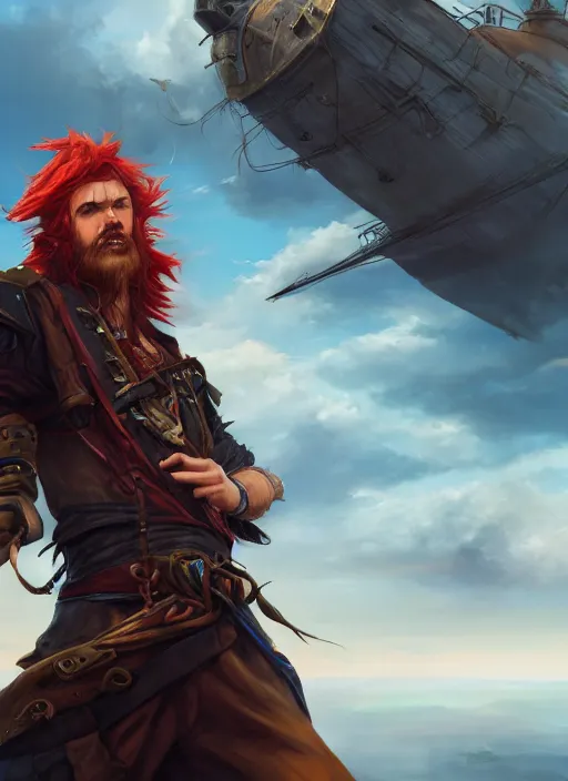 Prompt: an epic fantasy comic book style portrait painting of a long haired, red headed male sky - pirate in front of an airship, krenz cushart, unreal 5, daz, hyperrealistic, octane render, cosplay, rpg portrait, dynamic lighting