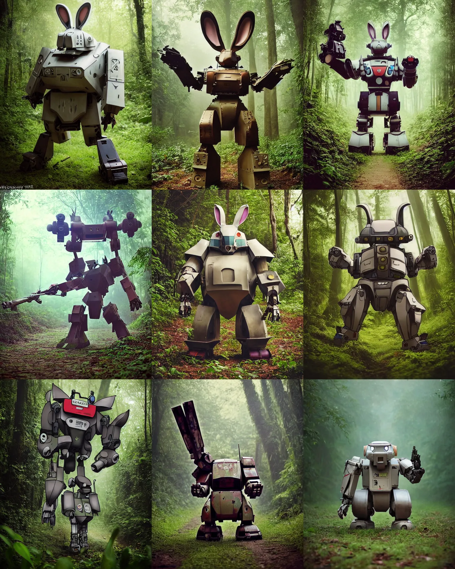 Prompt: epic battle pose!!!giant oversized battle rabbit robot chubby fat mech with big ears as battle mecha rabbit robot weapon fiat 126p , in jungle forest !!! , full body , Cinematic focus, Polaroid photo, vintage , neutral dull colors, foggy mist ,by oleg oprisco , by victor enrich , by gregory crewdson , by discovery channel