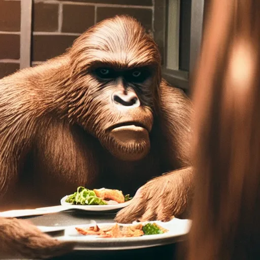 Prompt: photo of bigfoot having dinner in a restaurant