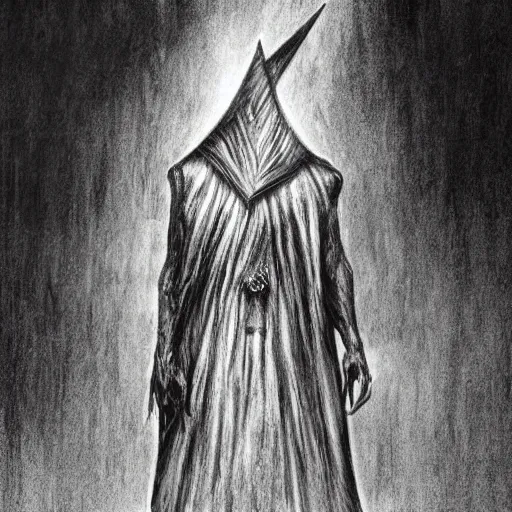 Prompt: Black and white drawing of Pyramid Head, Stephen Gammell style, evil, high detail, Scary Stories