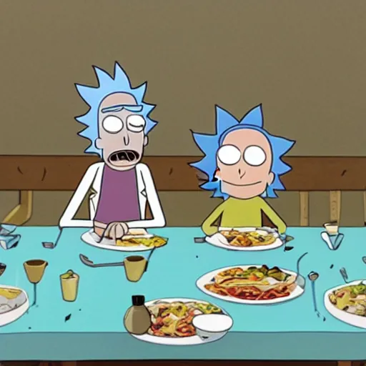 Image similar to Rick and Morty having dinner, layered paper style