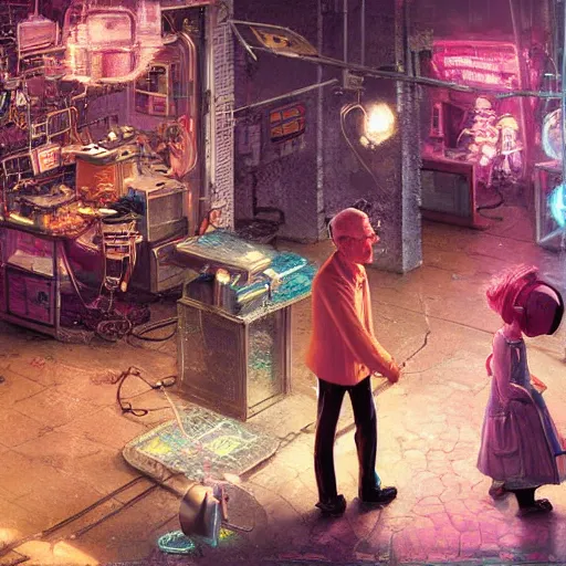 Prompt: a lovely elder couple works at their small robot repair shop, pink - noir cyberpunk city, by raoul ruiz, thomas kinkade and greg rutkowski