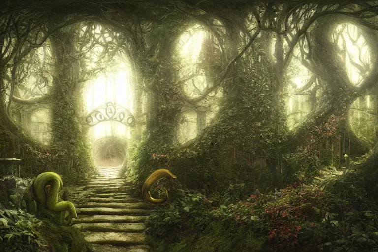 Prompt: secret garden, dwell, dark, scary, in the style of pan's labyrinth movie, low light, hyperrealistic, coherent composition, artstation, matte painting, concept art, edward hughes, caspar friedrich