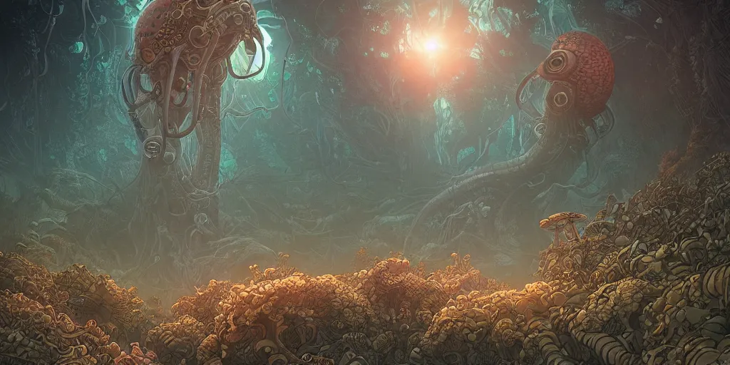 Image similar to highly detailed illustration of a nausicaa alien cephalopod in a world overgrown with fungus and spores, diffuse lighting, fog, stunning atmosphere, religious imagery, huge gargantuan black sun, muted colors, by kilian eng and james jean