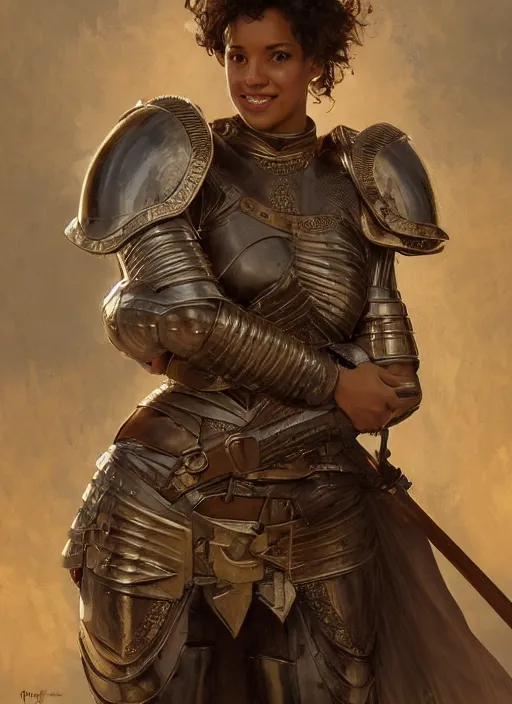 Prompt: medium-length portrait of a female knight with short curly hair and brown eyes, dark brown skin, happy expression, wears a combination of plate armor and boiled leather, medieval setting, highly detailed, digital painting, artstation, concept art, sharp focus, illustration, art by greg rutkowski and alphonse mucha