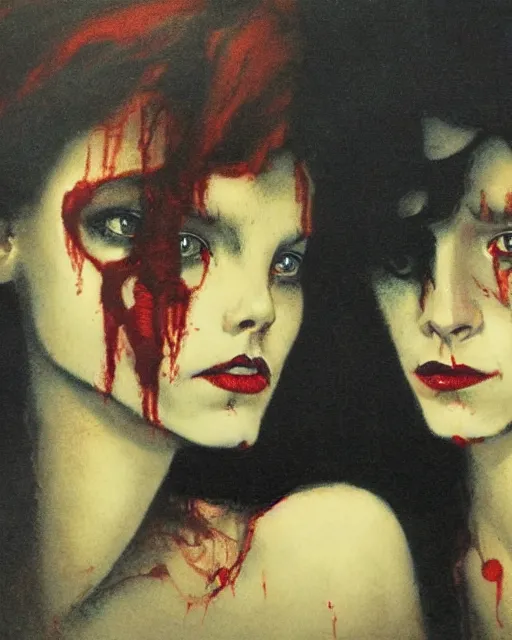 Prompt: two handsome but sinister young women in layers of fear, with haunted eyes and wild hair, 1 9 7 0 s, seventies, wallpaper, a little blood, moonlight showing injuries, delicate embellishments, painterly, offset printing technique, by brom, robert henri, walter popp