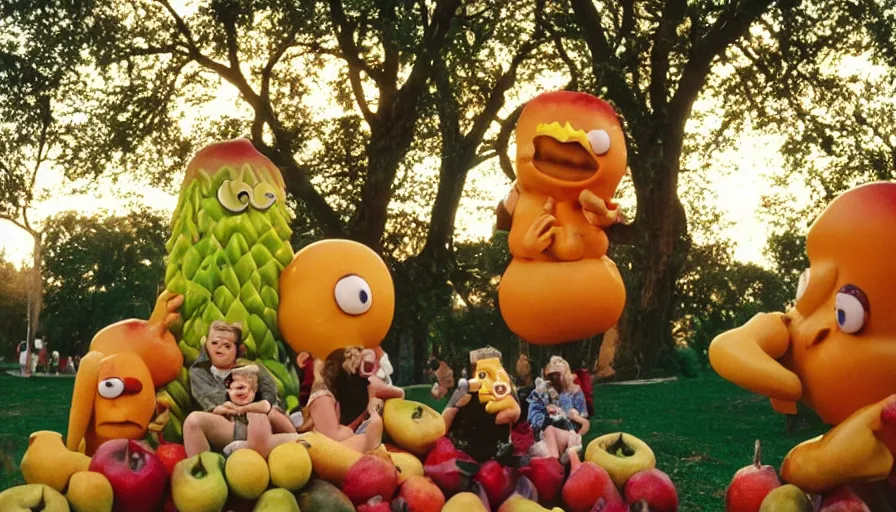 Image similar to 1990s candid photo of a beautiful day at the park, cinematic lighting, cinematic look, golden hour, large personified costumed fruit people in the background, Enormous fruit people mascots with friendly faces, kids talking to fruit people, UHD