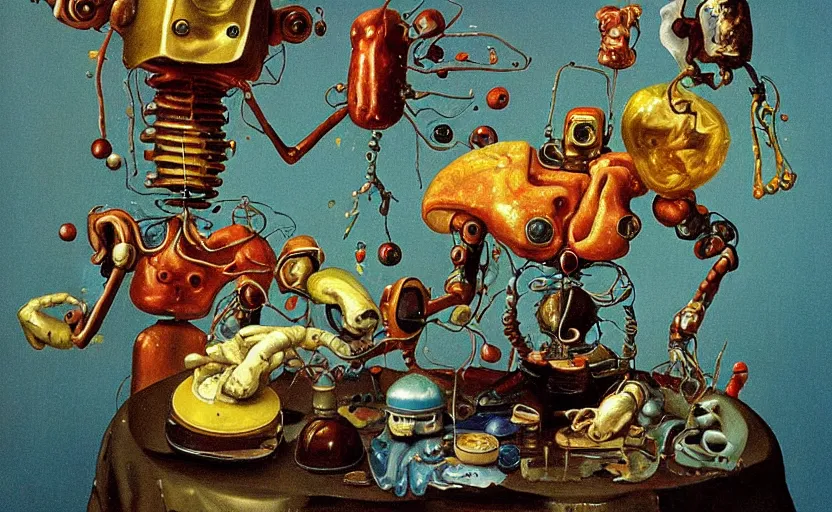 Image similar to strange fragile robot body, disturbing colorful oil painting dutch golden age vanitas still life sparse composition with bizarre objects strange gooey transparent surfaces shiny metal reflections bizarre mutant meat insects rachel ruysch dali todd schorr very detailed perfect composition rule of thirds masterpiece canon 5 0 mm, cinematic lighting, photography, retro, film, kodachrome