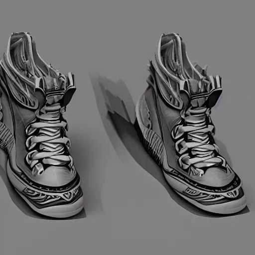 Image similar to shoes inspired by Fractals, concept art, product design, octane render, high detail, 8k, aesthetic, symmetrical