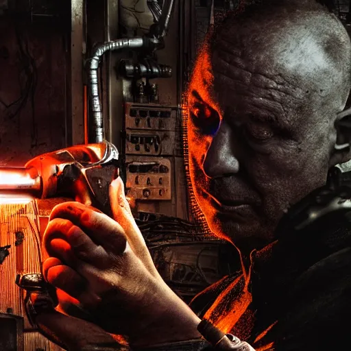 Image similar to half rusted old egg beater half stun - gun, balding older cyborg repairing, red hot soldering iron, dark messy smoke - filled cluttered workshop, dark, dramatic lighting, orange tint, cinematic, highly detailed, sci - fi, futuristic, movie still from blade runner