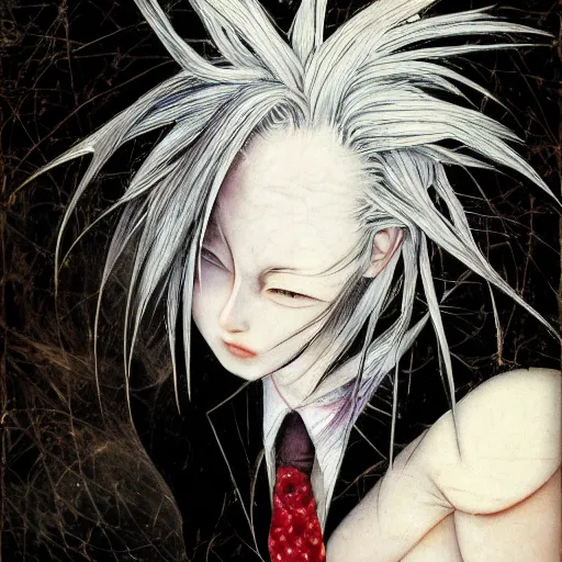 Image similar to Yoshitaka Amano realistic illustration of an anime girl with white hair and cracks on her face wearing dress suit with tie fluttering in the wind, abstract black and white patterns on the background, noisy film grain effect, highly detailed, Renaissance oil painting, weird portrait angle