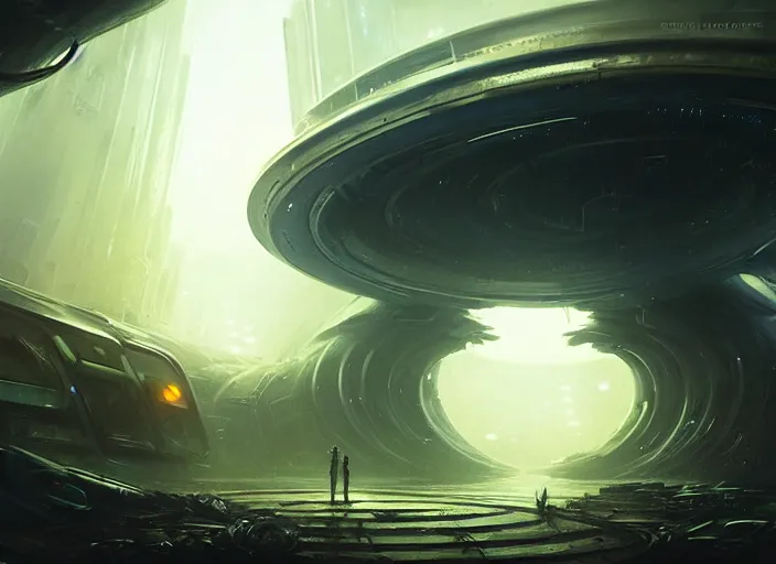 Image similar to a circular portal structure in the centre of an abandoned and overgrown alien city, beautiful curves, sci - fi, fantasy, golden ratio, epic lighting, unusual composition, messy brush strokes, very detailed, 4 k, in the style of blade runner and peter mohrbacher, ominous vibes, harsh lighting