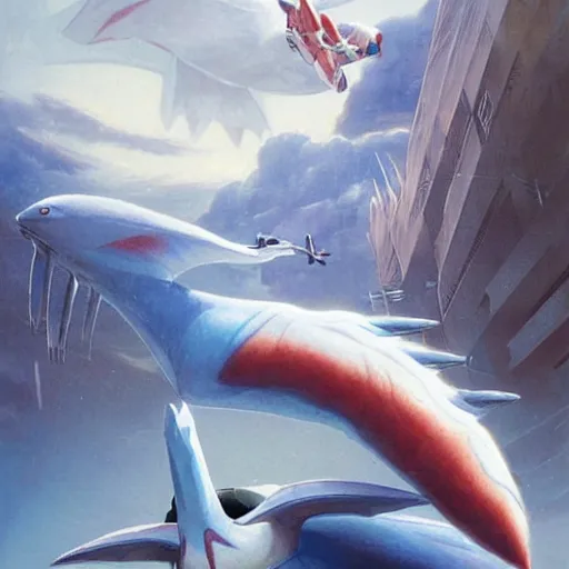 Image similar to togekiss and latios flying through a remote alien city, award - winning realistic sci - fi concept art by jim burns and greg rutkowski, beksinski, konstantin razumov