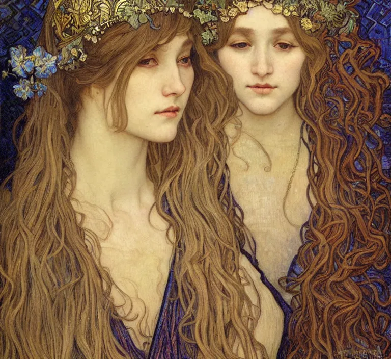 Image similar to detailed realistic beautiful young medieval queen face portrait by jean delville, alphonse mucha, vincent van gogh, and marco mazzoni, art nouveau, symbolist, visionary, gothic, pre - raphaelite