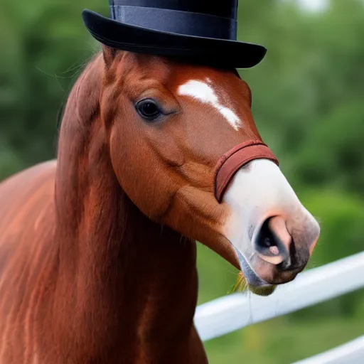 Prompt: photo of a horse with a tophat, realistic, detailed, 8 k